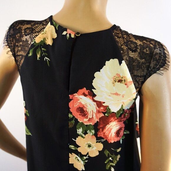 Bobeau Black Floral Shift Dress Womens Sz S Laced Shoulders Inverted Pleat Front - Picture 7 of 11